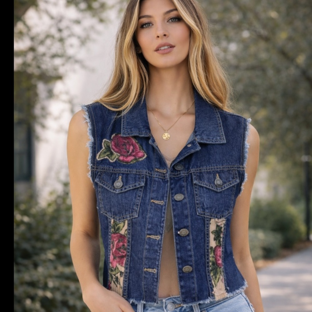 Denim Crop Vest Reworked with wool floral print Size Small